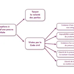 Schéma juridique sur les exceptions à la preuve parfaite, incluant la charge de la preuve et les dispositions du Code civil.