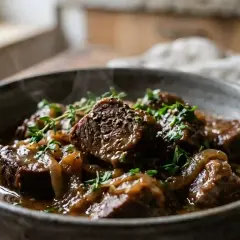 Un plat réconfortant de filet mignon braisé à la bière, garni de persil frais et de thym, dans un bol rustique.