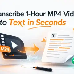 Transform an MP4 video into a text script in seconds. An MP4 player icon transforms into a document with a checkmark.