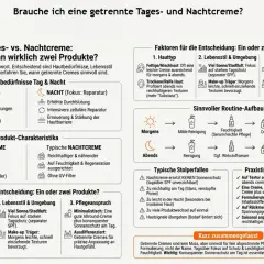 Die Grafik erklärt, wann eine getrennte Tages- und Nachtpflege sinnvoll ist. Sie vergleicht die Eigenschaften und den Nutzen beider Cremes.