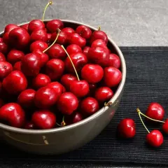 Misternie ułożone, lśniące wiśnie w misce. Czy pies może jeść czeresnie? Lepiej nie ryzykować, bo pestki są toksyczne.