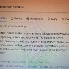 Wyniki wyszukiwania "wedel babeczka składniki" pokazują składniki muffina, ale nie podają, ile kalorii ma muffin Wedel.