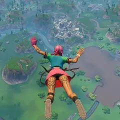 Postać z różowymi włosami spada na mapę w grze Fortnite, przygotowując się do akcji w stylu RPG.