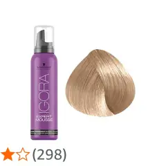 En flaska lila hårfärg mousse bredvid en lock ljust blont hår.