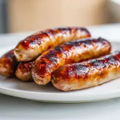 Cinq saucisses de Toulouse grillées à la perfection, prêtes pour la cuisson.
