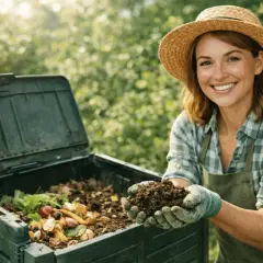 Donna sorridente con cappello di paglia mostra compost maturo, frutto del suo lavoro su come fare il compost.