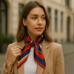 Elegancka kobieta w beżowym płaszczu i kolorowej chuście na szyję, z subtelnym złotym wzorem.