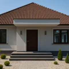 Nowoczesny dom z brązowym dachem i szarą elewacją, otoczony zadbanym ogrodem z kamykami i krzewami.