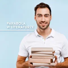 Uśmiechnięty mężczyzna trzyma stos książek. Napis na tle głosi: "Parabola w literaturze".