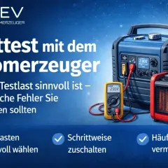 Ein 5 kW Generator mit angeschlossenem Heizlüfter und Voltmeter. Der Text informiert über Lasttests mit Stromerzeugern.