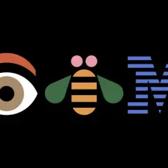 An eye, a bee, and the IBM logo in a playful mid-century graphic design style.