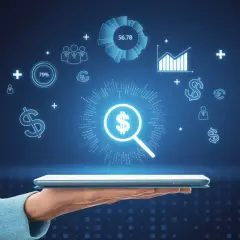 Dłoń trzyma tablet, nad którym unoszą się cyfrowe ikony finansowe i wykresy. To wizualizacja tego, sorbnet co to jest, czyli narzędzie do analizy danych.