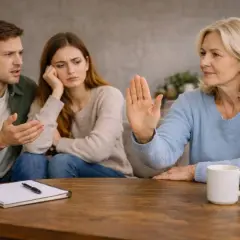 Kobieta pokazuje dłoń, symbolizując stawianie granic facetowi. Młoda para wygląda na zmartwioną.