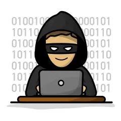 Uśmiechnięty haker w masce i kapturze siedzi przy laptopie, otoczony kodem binarnym. To symbol zagrożenia ze strony keyloggerów.