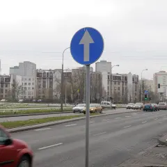 Znak drogowy jednokierunkowy z białą strzałką w górę na niebieskim tle. Po lewej stronie znak nakazu jazdy prosto lub skrętu w lewo.