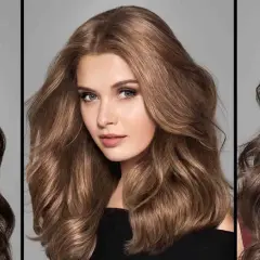 Tres mujeres lucen estilos de cabello castaño con reflejos miel, cada una con un look único y radiante.