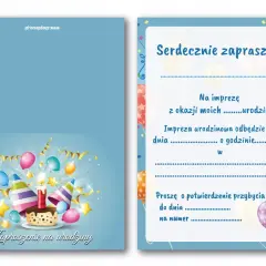 Jak napisać zaproszenie na urodziny? Wzór zaproszenia z tortem, balonami i konfetti. Wypełnij datę, godzinę i miejsce imprezy.