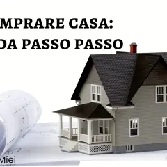 Modellino di casa su planimetrie, con testo "Comprare casa: guida passo passo". Un progetto per capire se conviene comprare casa.