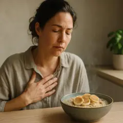 Donna con mano sul petto, con espressione sofferente, davanti a una ciotola di porridge. Forse la ricotta fa male allo stomaco.