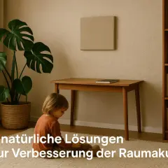 Ein Kind sitzt auf einem Teppich, umgeben von Pflanzen und Büchern. Ein schlichtes Wandpaneel hilft, Schall zu schlucken und die Raumakustik zu verbessern.