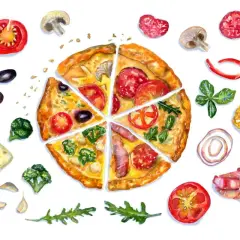 Odkryj oryginalne nazwy pizzy! Kawałki pizzy z salami, pomidorami, oliwkami, brokułami i serem, otoczone składnikami: pomidory, pieczarki, papryczki, bazylia, cebula, boczek.