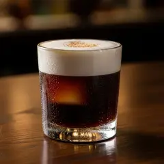 En kyld drink med kaffe och whiskey, toppad med skum och lite strössel. Perfekt för en stunds avkoppling.