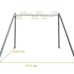 Wymiary huśtawki ogrodowej: wysokość 205 cm, szerokość 310 cm, głębokość 180 cm. Idealna do zrobienia huśtawki.