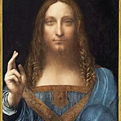 Salvator Mundi obraz Leonarda da Vinci. Chrystus w błękitnej szacie błogosławi prawą ręką.