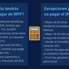 Calculadora y texto sobre qué impuestos se pagan al vender una casa, detallando tramos de IRPF y excepciones.
