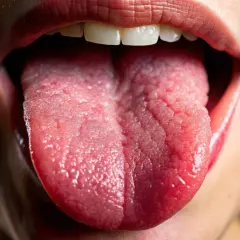 Lingua arsa e secca, con papille evidenti. Potrebbe indicare disidratazione o altre cause di bocca arsa.