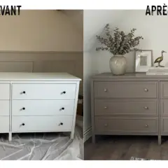 Avant/Après : un meuble blanc basique transformé en commode chic. Un relooker meuble rustique réussi avec une peinture taupe et de nouvelles poignées.