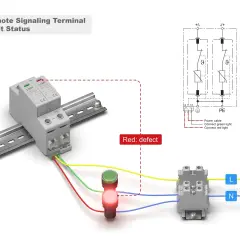 Schemat instalacji elektrycznej z ochronnikiem przepięciowym i wskaźnikiem awarii.