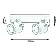 Rysunek techniczny kinkietów zewnętrznych. Wymiary: 300mm szerokości, 100mm wysokości klosza, 160mm całkowitej wysokości.