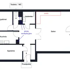 Plan mieszkania z kuchnią, salonem, sypialnią, łazienką i aneksem. Wskazane piony wentylacyjne. Przeniesienie kuchni może być problematyczne.