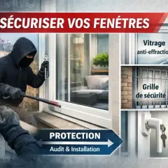Un cambrioleur tente d'entrer par une fenêtre. L'image montre des solutions de sécurité : vitrage anti-effraction, grille, serrure.