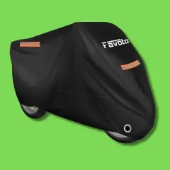 Copertura per moto nera con logo Favoto e strisce riflettenti arancioni, uno degli accessori moto indispensabili per proteggerla.