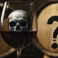 Un crâne dans un verre de vin rouge, avec un point d'interrogation à côté. Un vin bouchonné dangereux ?