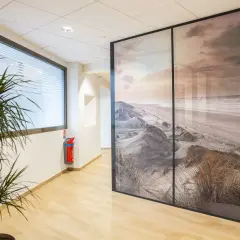 Un couloir moderne avec une plante verte et un extincteur, séparé par une grande cloison amovible ornée d'un paysage de dunes et de plage.
