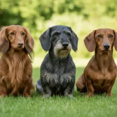 Tres perros teckel sentados en el césped. A la izquierda, un teckel de pelo largo color canela. En el centro, un teckel de pelo duro gris. A la derecha, un teckel de pelo liso color marrón rojizo.