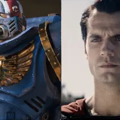 Henry Cavill jako Superman obok zbroi Space Marine z Warhammer.