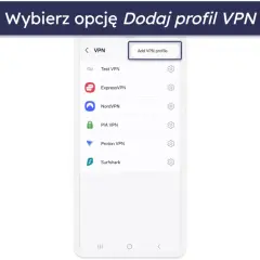Ekran telefonu z listą dostawców VPN, gotowy do dodania profilu VPN na Samsung TV.