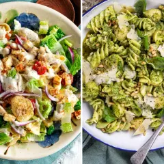 Två läckra pastasallad recept: en med kyckling och krutonger, den andra med pesto, pinjenötter och parmesan.