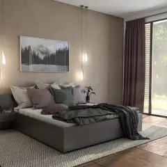 Gemütliches Schlafzimmer mit einem modernen Polsterbett, das zum Entspannen einlädt. Ein Bild mit Berglandschaft und viel Tageslicht.