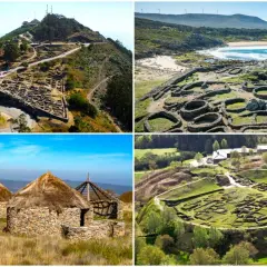 Vistas de castros gallegos, ruinas circulares de piedra y cabañas con tejados de paja, en paisajes costeros y montañosos.