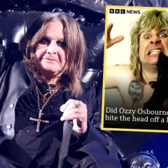 Ozzy Osbourne, w czarnej, skórzanej kurtce, siedzi na tronie. Obok niego zdjęcie z nagłówkiem BBC News: "Czy Ozzy Osbourne naprawdę ugryzł żywego nietoperza?".