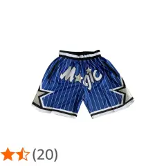 Niebieskie szorty koszykarskie z białymi paskami i napisem "Magic" ozdobione gwiazdkami. Idealne dla fana basketu.