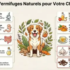 Infographie sur 10 remèdes naturels pour aider à comment soulager un chien qui a des vers, avec des images d'ingrédients et d'un chien joyeux.