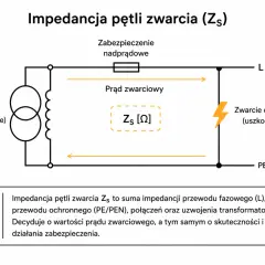 Schemat przedstawia pętlę zwarciową z transformatorem, zabezpieczeniem nadprądowym i punktem zwarcia. Kluczowa jest impedancja pętli zwarcia (Zs), która wpływa na prąd zwarciowy i działanie zabezpieczeń.