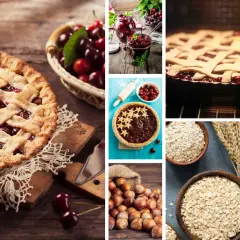 Landfrauen-Rezept: köstliche Kirschkuchen-Zutaten wie Kirschen, Nüsse und Haferflocken für ein Linzertorte Rezept.
