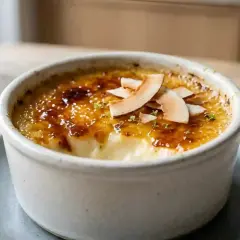 Crème brûlée avec une croûte caramélisée dorée, garnie de copeaux de noix de coco et d'un soupçon de zeste vert.